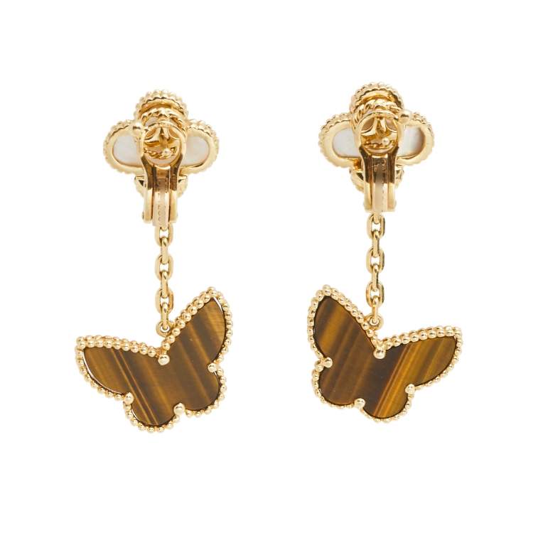 Pre Owned Van Cleef & Arpels Lucky Alhambra Mother of Pearl Tiger's Eye 18k Yellow Gold Drop Earrings