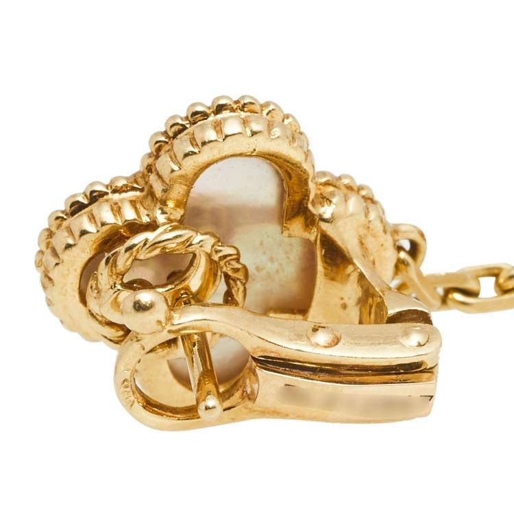 Pre Owned Van Cleef & Arpels Lucky Alhambra Mother of Pearl Tiger's Eye 18k Yellow Gold Drop Earrings