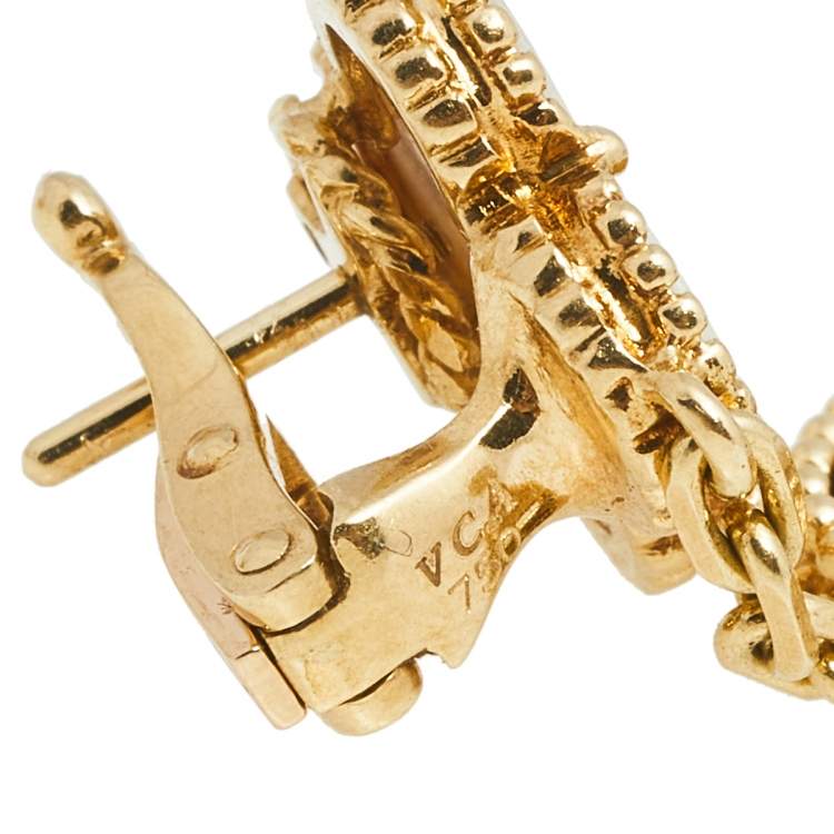 Pre Owned Van Cleef & Arpels Lucky Alhambra Mother of Pearl Tiger's Eye 18k Yellow Gold Drop Earrings