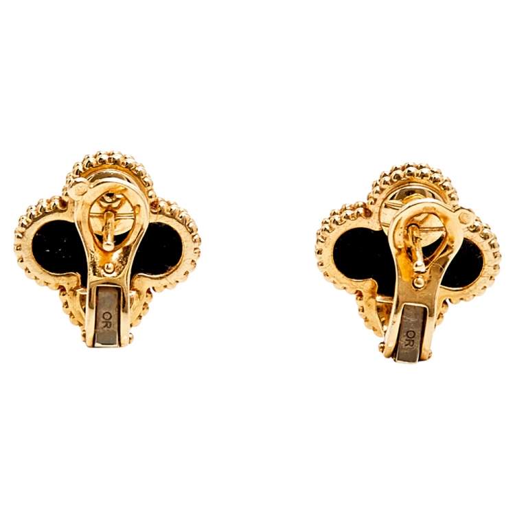 Pre Owned Van Cleef & Arpels Vintage Alhambra Onyx 18k Yellow Gold Stud Earrings