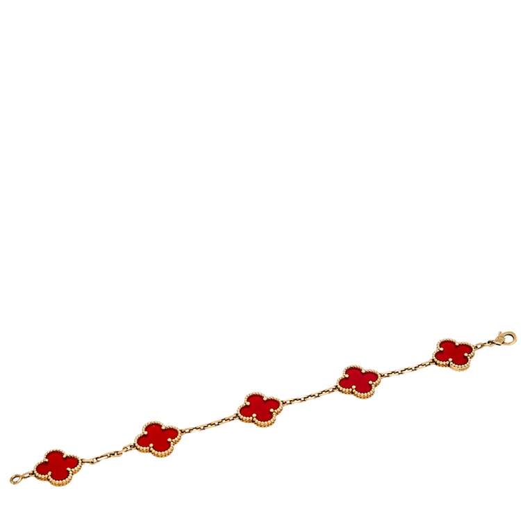 Pre Owned Van Cleef & Arpels Vintage Alhambra 5 Motifs Carnelian 18K Yellow Gold Station Bracelet