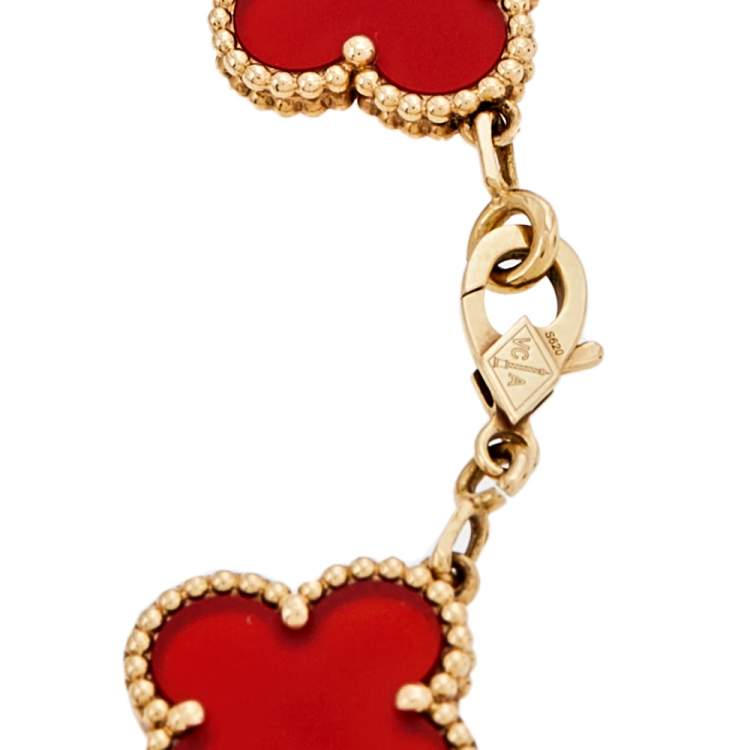 Pre Owned Van Cleef & Arpels Vintage Alhambra 5 Motifs Carnelian 18K Yellow Gold Station Bracelet