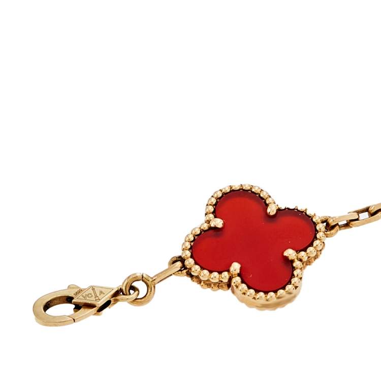 Pre Owned Van Cleef & Arpels Vintage Alhambra 5 Motifs Carnelian 18K Yellow Gold Station Bracelet
