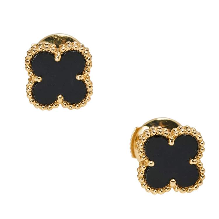 Pre Owned Van Cleef & Arpels Sweet Alhambra Onyx 18k Yellow Gold Earrings