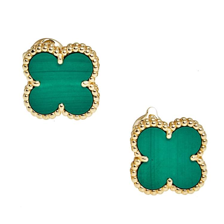 Pre Owned Van Cleef & Arpels Vintage Alhambra Malachite 18k Yellow Gold Stud Earrings
