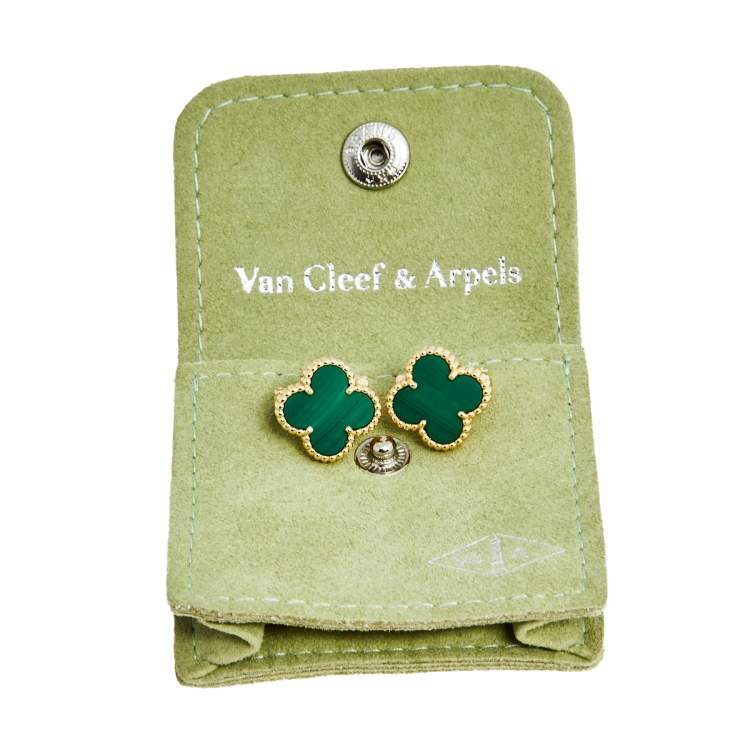 Pre Owned Van Cleef & Arpels Vintage Alhambra Malachite 18k Yellow Gold Stud Earrings