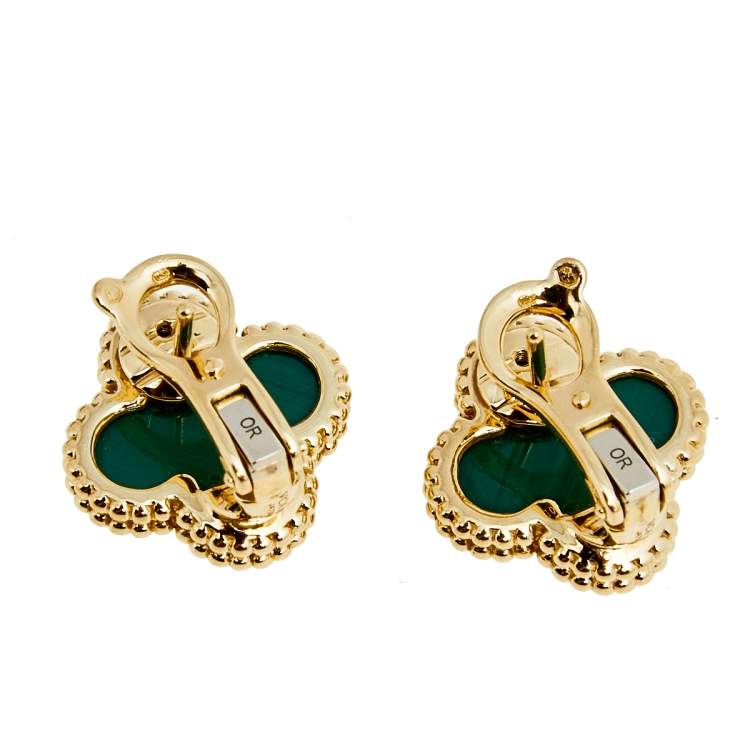Pre Owned Van Cleef & Arpels Vintage Alhambra Malachite 18k Yellow Gold Stud Earrings