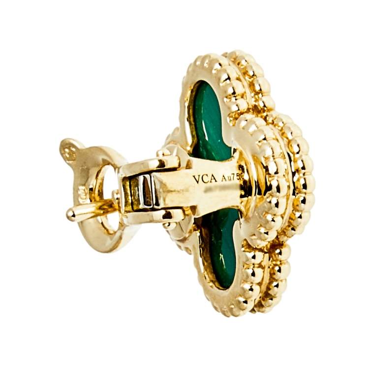 Pre Owned Van Cleef & Arpels Vintage Alhambra Malachite 18k Yellow Gold Stud Earrings