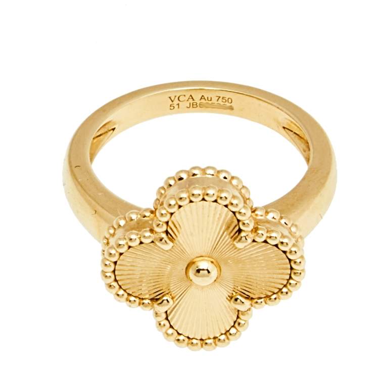 Pre Owned Van Cleef & Arpels Vintage Alhambra Guilloché 18k Yellow Gold Ring Size 51