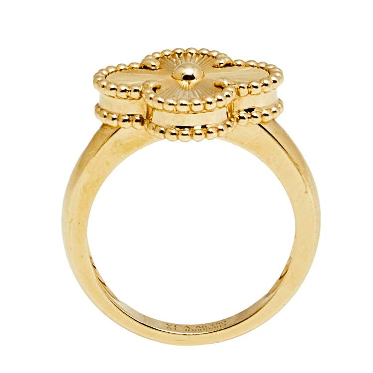 Pre Owned Van Cleef & Arpels Vintage Alhambra Guilloché 18k Yellow Gold Ring Size 51