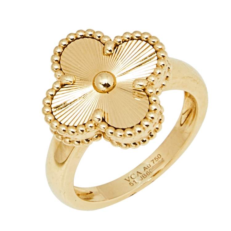 Pre Owned Van Cleef & Arpels Vintage Alhambra Guilloché 18k Yellow Gold Ring Size 51