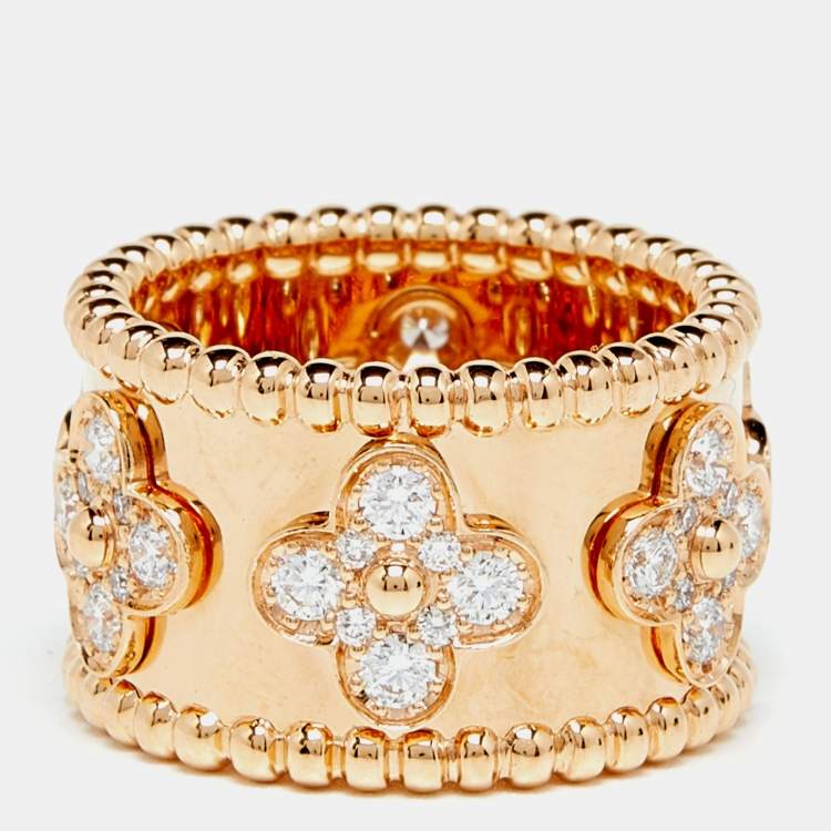 Pre Owned Van Cleef & Arpels Perlée Clover Diamond 18k Rose Gold Large Model Band Ring Size 51