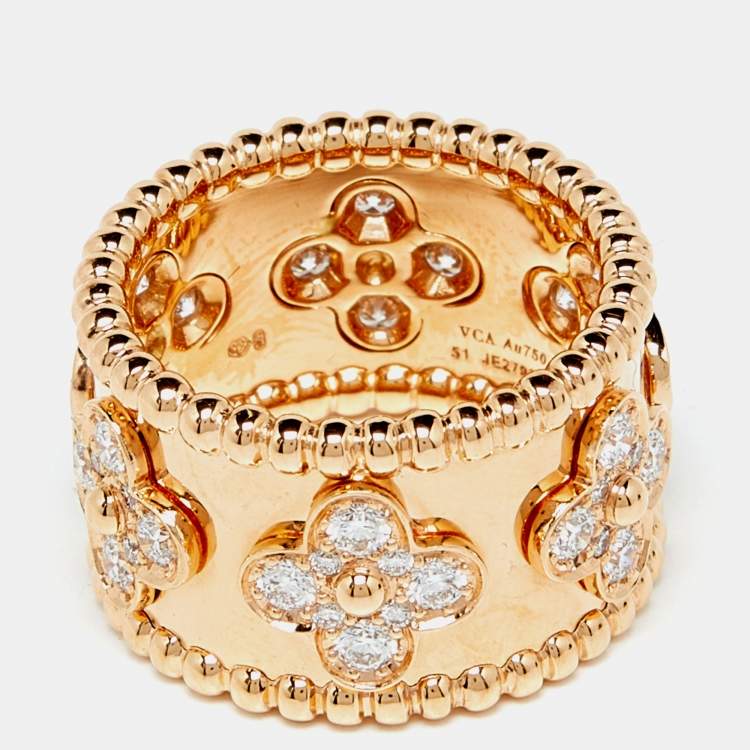 Pre Owned Van Cleef & Arpels Perlée Clover Diamond 18k Rose Gold Large Model Band Ring Size 51