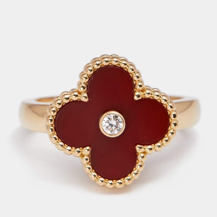 Pre Owned Van Cleef & Arpels Vintage Alhambra Carnelian 18k Yellow Gold Ring Size 54