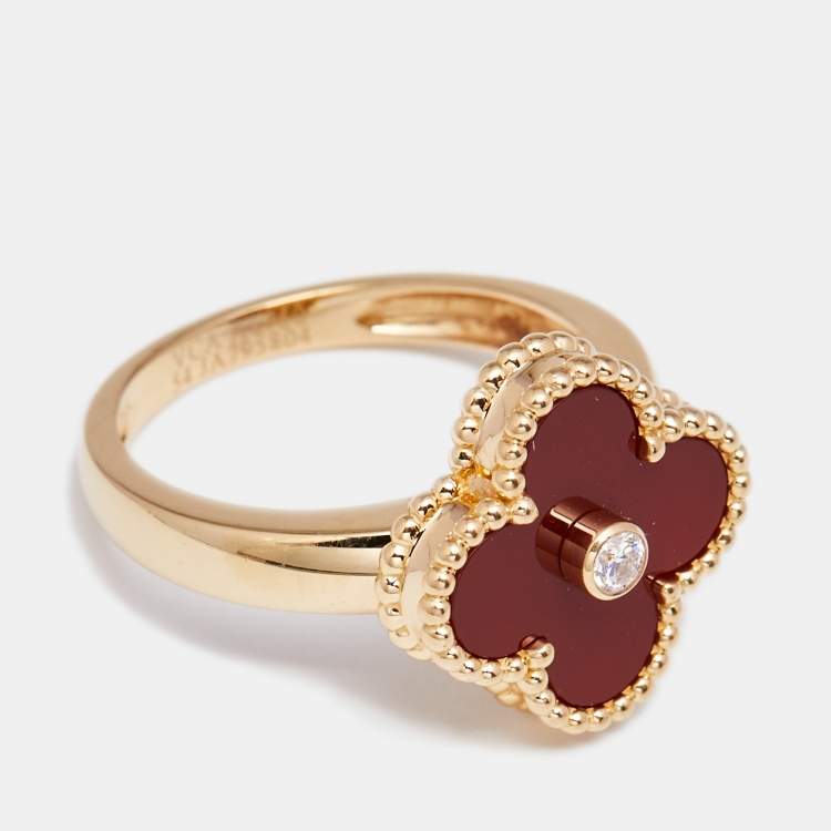 Pre Owned Van Cleef & Arpels Vintage Alhambra Carnelian 18k Yellow Gold Ring Size 54