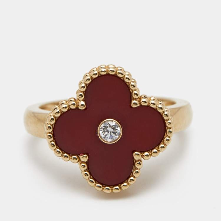 Pre Owned Van Cleef & Arpels Vintage Alhambra Carnelian Diamond 18k Yellow Gold Ring Size 51