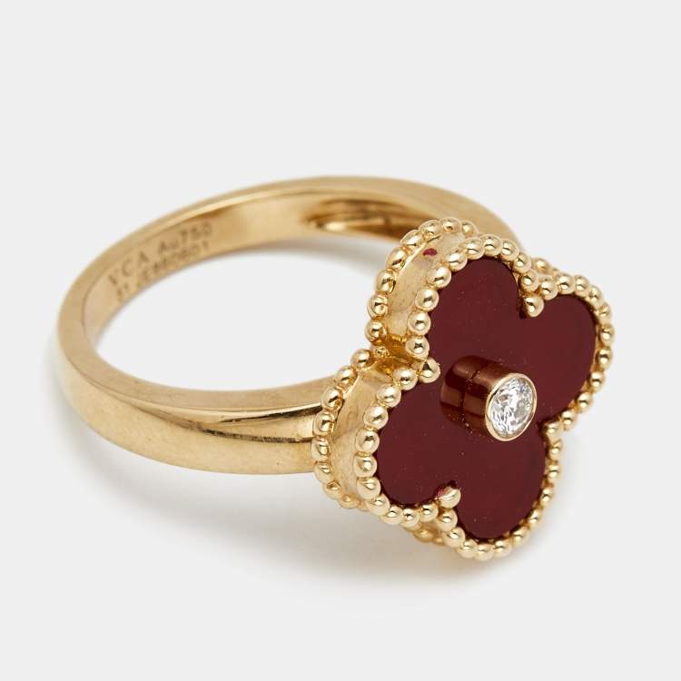 Pre Owned Van Cleef & Arpels Vintage Alhambra Carnelian Diamond 18k Yellow Gold Ring Size 51