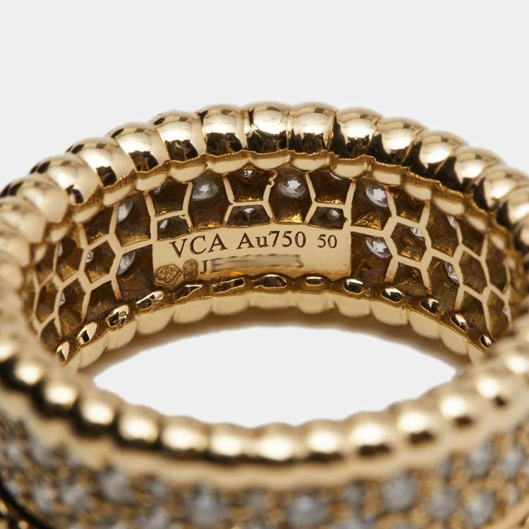 Pre Owned Van Cleef & Arpels Perlée Diamonds 3 Rows 18k Yellow Gold Ring Size 50