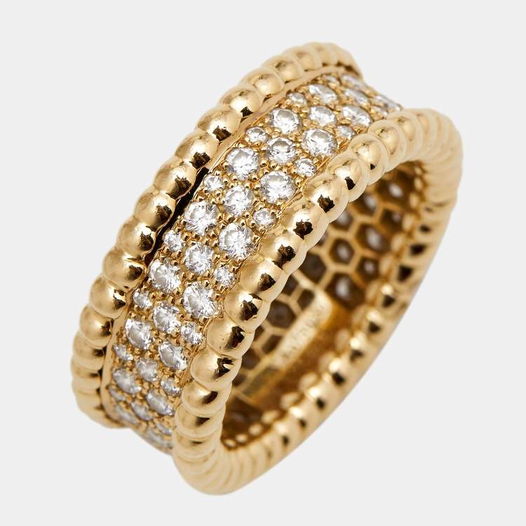 Pre Owned Van Cleef & Arpels Perlée Diamonds 3 Rows 18k Yellow Gold Ring Size 50
