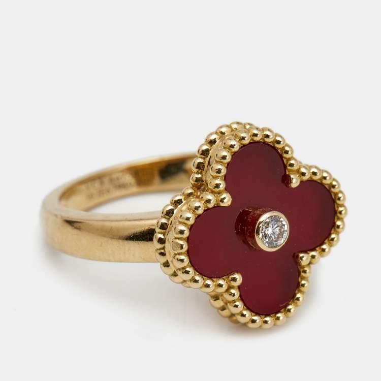 Pre Owned Van Cleef & Arpels Vintage Alhambra Carnelian Diamond 18k Yellow Gold Ring Size 50 