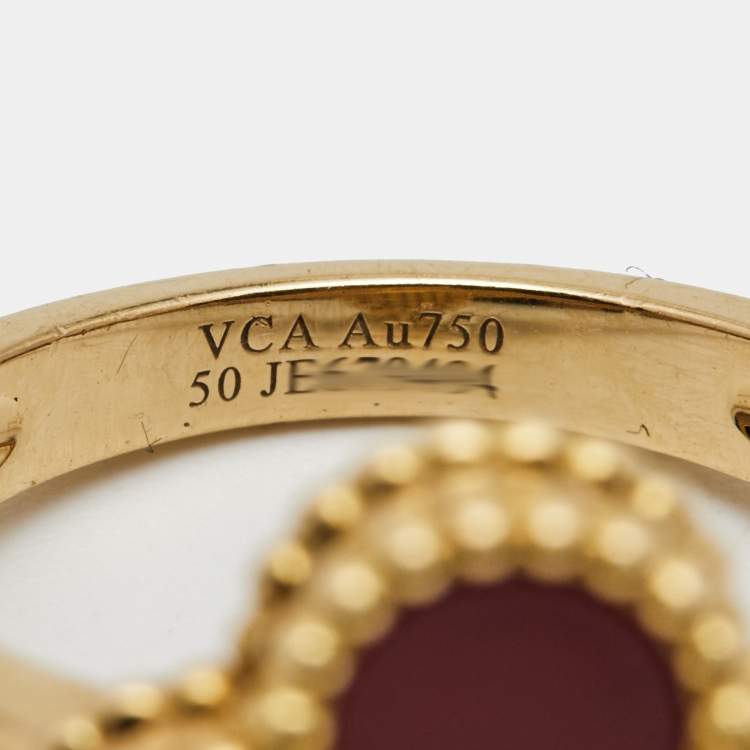 Pre Owned Van Cleef & Arpels Vintage Alhambra Carnelian Diamond 18k Yellow Gold Ring Size 50 