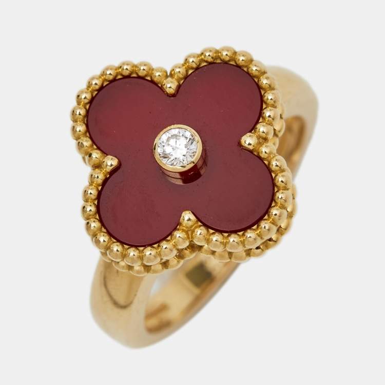 Pre Owned Van Cleef & Arpels Vintage Alhambra Carnelian Diamond 18k Yellow Gold Ring Size 50 