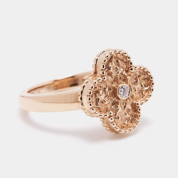 Pre Owned Van Cleef & Arpels Vintage Alhambra Diamond 18k Rose Gold Ring Size 52