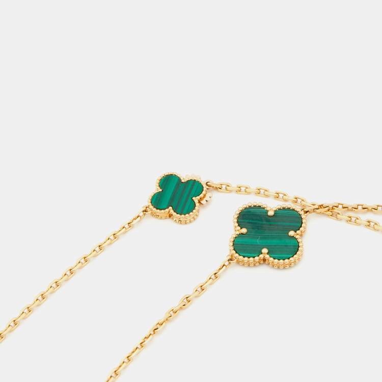 Pre Owned Van Cleef & Arpels Magic Alhambra Malachite 18k Yellow Gold 16 Motif Long Necklace