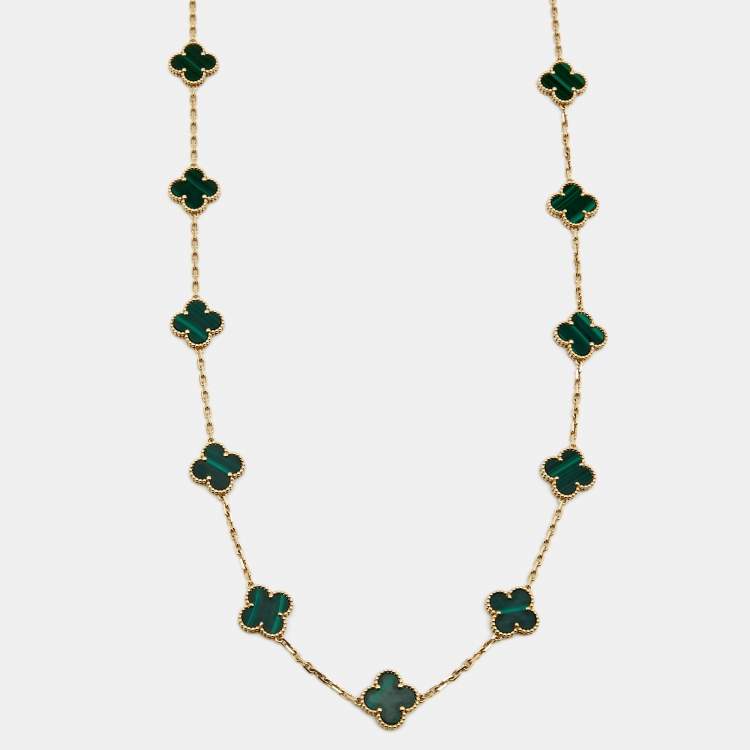 Vintage Alhambra necklace, 10 motifs 18K yellow gold, Malachite