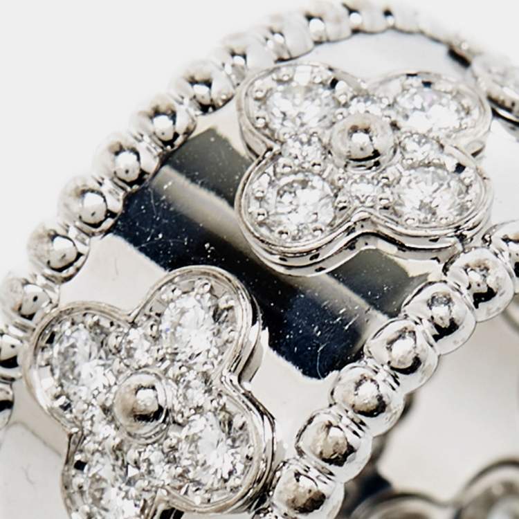 Pre Owned Van Cleef & Arpels Perlée Clover Diamond 18k White Gold Large Model Ring 56