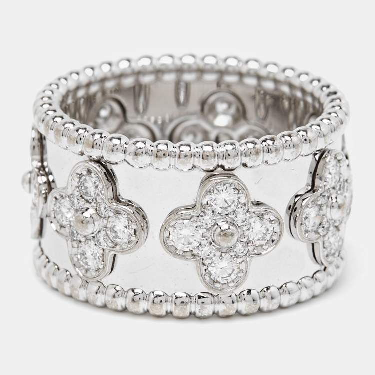 Pre Owned Van Cleef & Arpels Perlée Clover Diamond 18k White Gold Large Model Ring 56