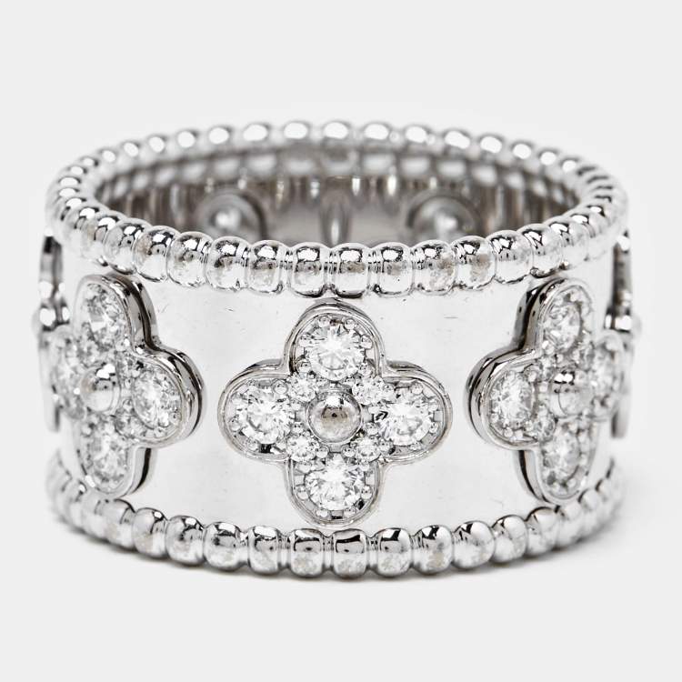 Pre Owned Van Cleef & Arpels Perlée Clover Diamond 18k White Gold Large Model Ring 56