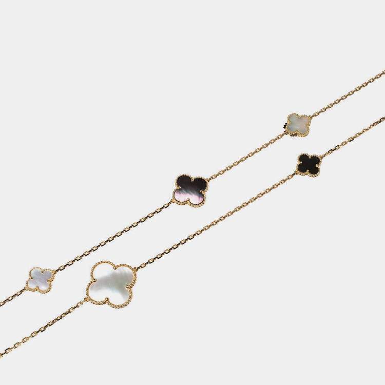 Pre Owned Van Cleef & Arpels Magic Alhambra Mother of Pearl 18k Yellow Gold 16 Motif Station Onyx Necklace