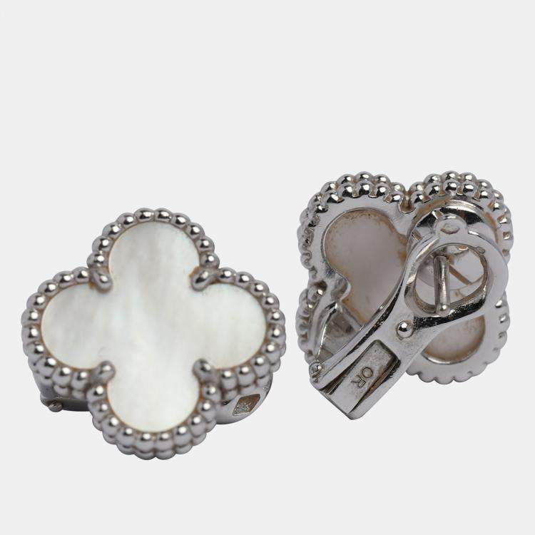 Pre Owned Van Cleef & Arpels Vintage Alhambra 18K White Gold Mother of Pearl Earrings