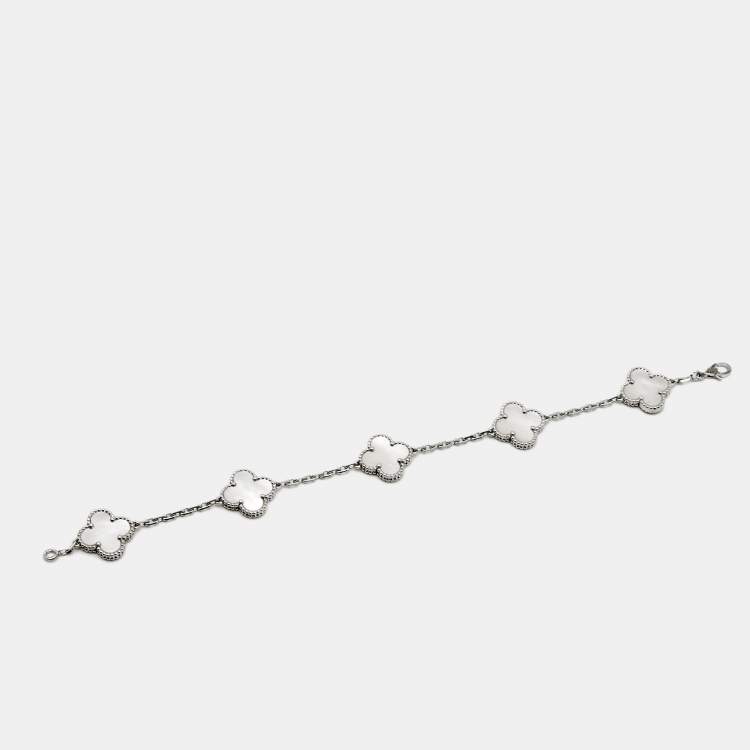 Pre Owned Van Cleef & Arpels Vintage Alhambra Mother of Pearl 18k White Gold 5 Motif Station Bracelet