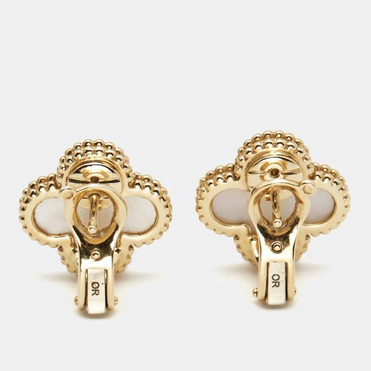 Pre Owned Van Cleef & Arpels Vintage Alhambra Mother of Pearl 18k Yellow Gold Earrings