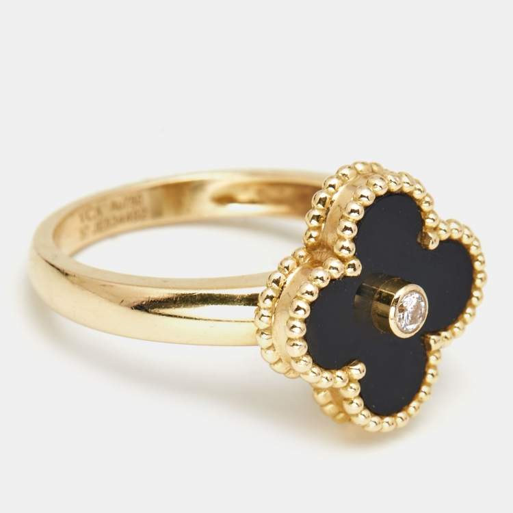 Pre Owned Van Cleef & Arpels Vintage Alhambra Onyx Diamond 18k Yellow Gold Ring Size 57