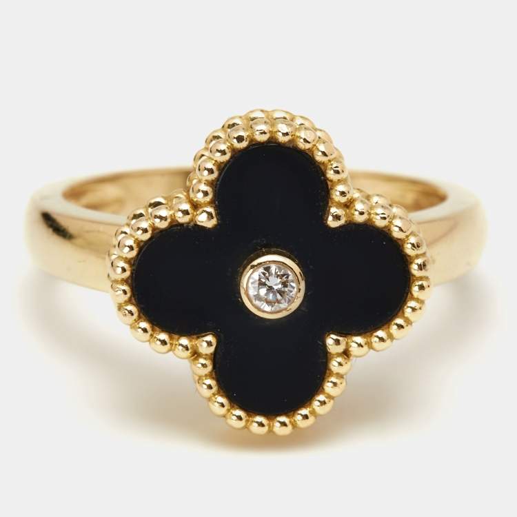Pre Owned Van Cleef & Arpels Vintage Alhambra Onyx Diamond 18k Yellow Gold Ring Size 57