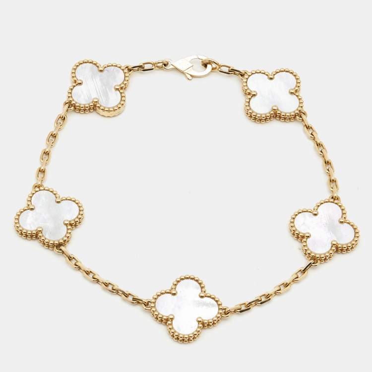 Pre Owned Van Cleef & Arpels Vintage Alhambra Mother of Pearl 18k Yellow Gold Station Bracelet