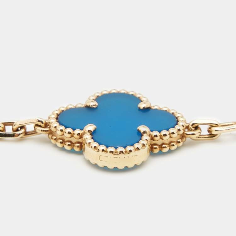 Pre Owned Van Cleef & Arpels Vintage Alhambra Agate 18k Yellow Gold 5 Motif Station Bracelet