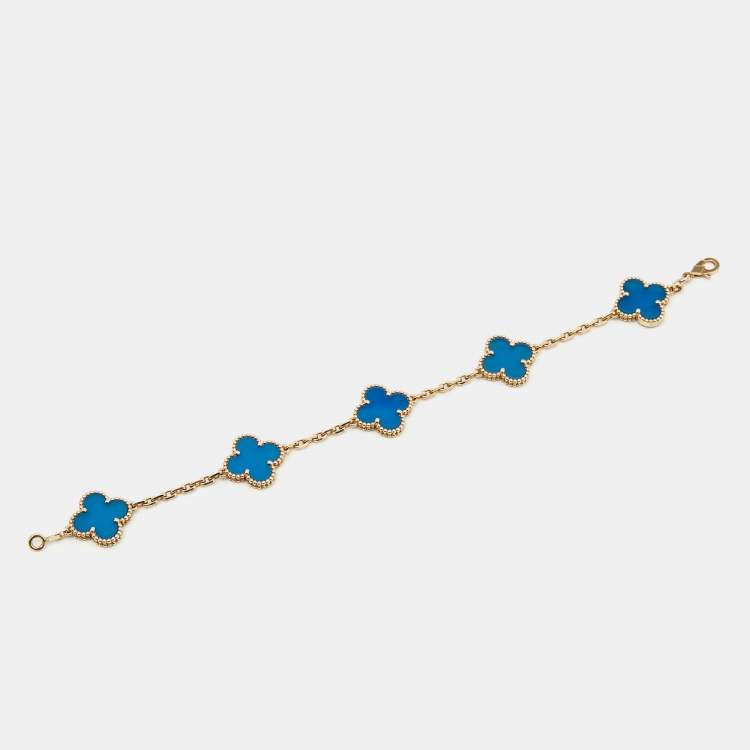Pre Owned Van Cleef & Arpels Vintage Alhambra Agate 18k Yellow Gold 5 Motif Station Bracelet