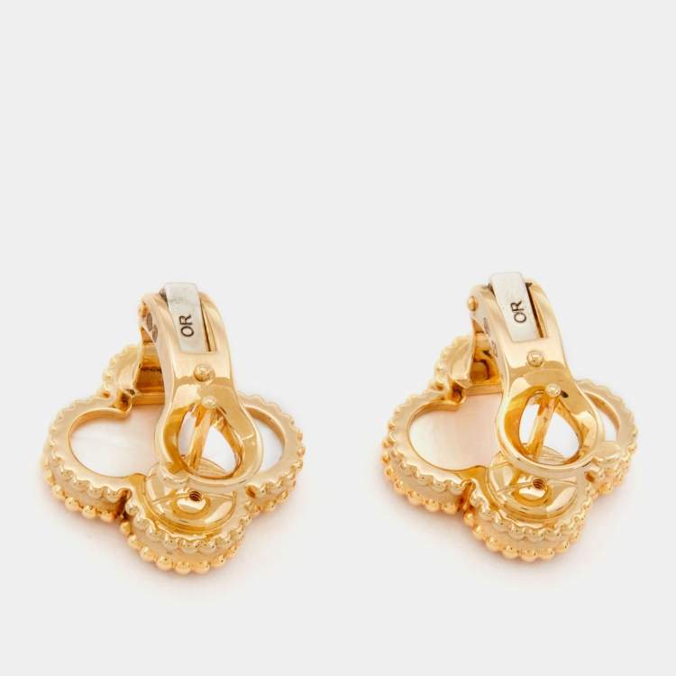 Pre Owned Van Cleef & Arpels Vintage Alhambra Mother of Pearl 18k Yellow Gold Earrings