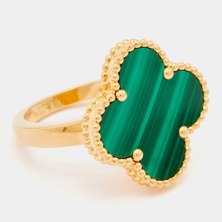 Pre Owned Van Cleef & Arpels Magic Alhambra Malachite 18k Yellow Gold Ring Size 53