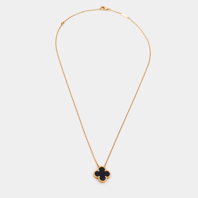 Pre Owned Van Cleef & Arpels Vintage Alhambra Onyx 18k Yellow Gold Pendant Necklace