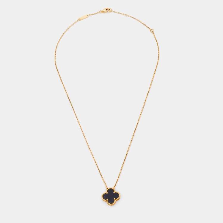 Pre Owned Van Cleef & Arpels Vintage Alhambra Onyx 18k Yellow Gold Pendant Necklace