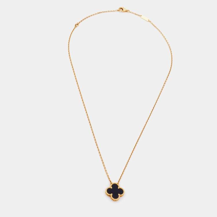 Pre Owned Van Cleef & Arpels Vintage Alhambra Onyx 18k Yellow Gold Pendant Necklace