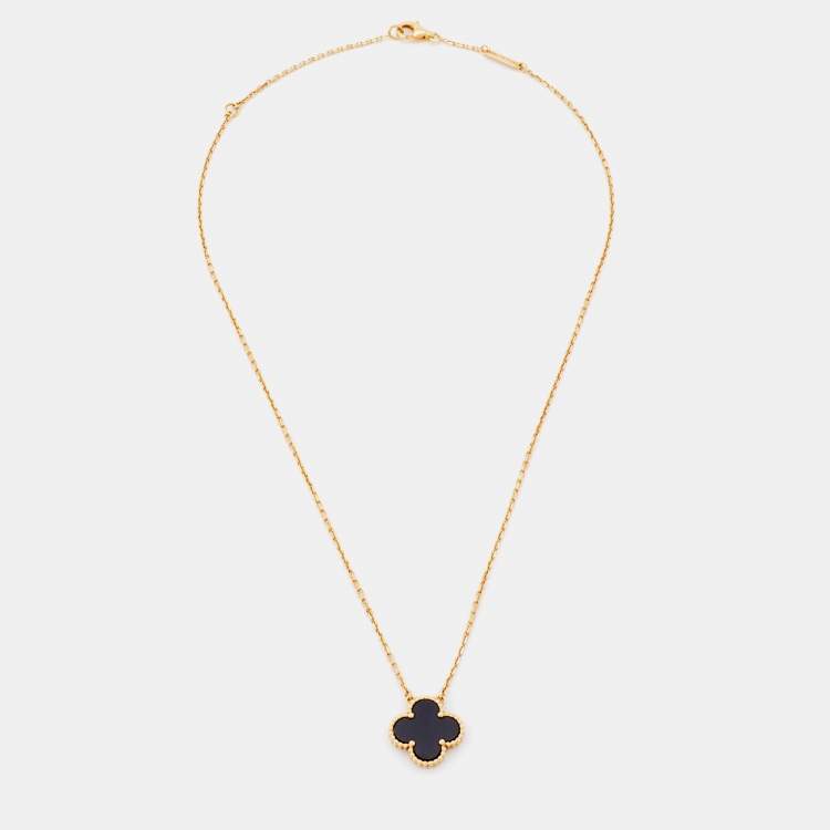 Pre Owned Van Cleef & Arpels Vintage Alhambra Onyx 18k Yellow Gold Pendant Necklace