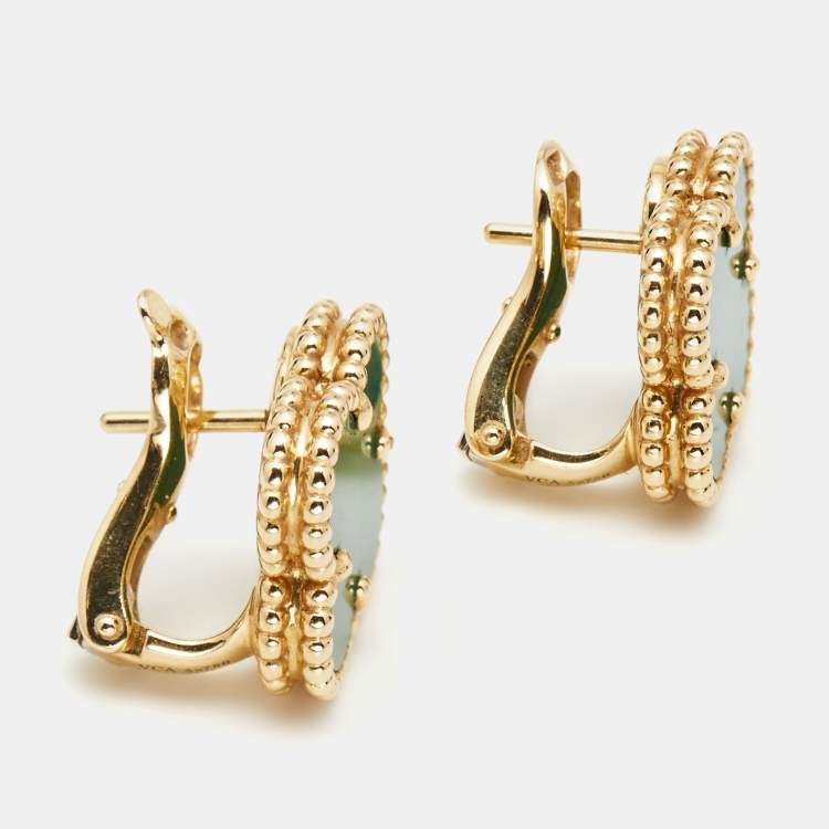 Pre Owned Van Cleef & Arpels Vintage Alhambra Malachite 18k Yellow Gold Stud Earrings