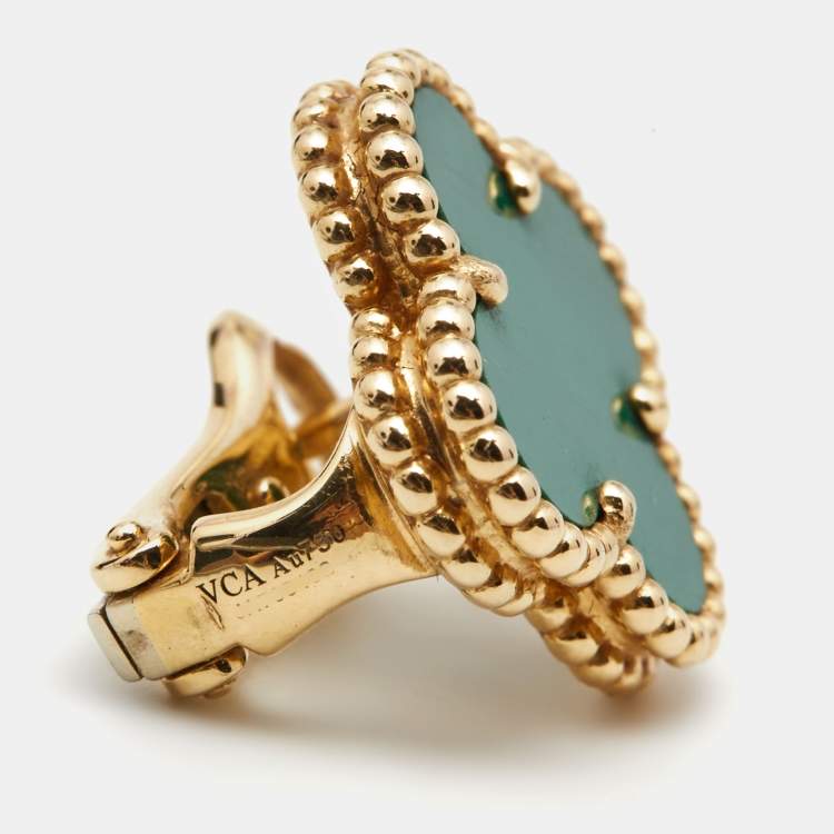 Pre Owned Van Cleef & Arpels Vintage Alhambra Malachite 18k Yellow Gold Stud Earrings