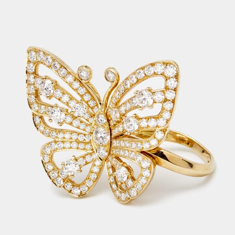 Pre Owned Van Cleef & Arpels Flying Butterfly Between the Finger Diamond 18k Yellow Gold Ring Size 53